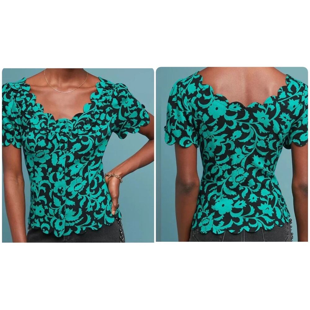 Maeve Teal and Black Floral Blouse